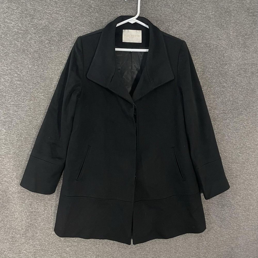 Fleurette Wool Overcoat Womens‎ 10 Black Loro Piana Fabric Mid Length USA